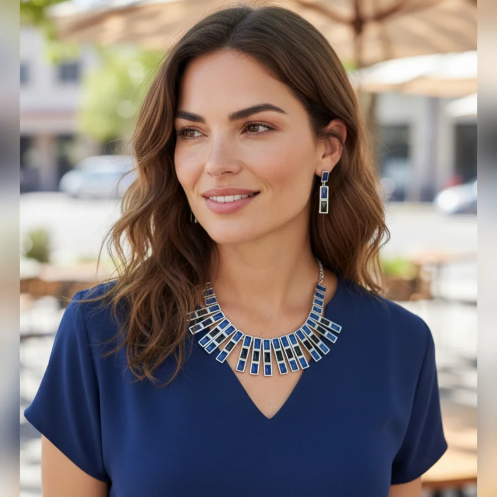 🌟3/$15 Metaphor Blue and Silver Rectangle Statement Necklace and Earring Set